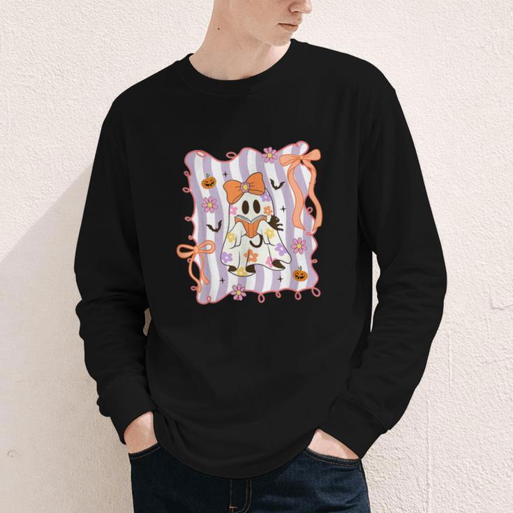 Preppy Coquette Bow Ghost Reading Books Halloween Book Youth Long Sleeve Tee