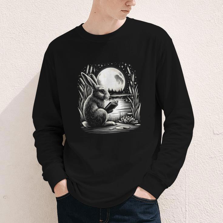 Rabbit Reading Book Full Moon Lake Scenery Youth Long Sleeve Tee