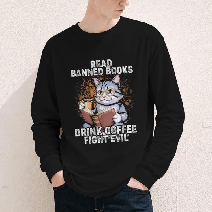 Read Banned Books Drink Coffee Fight Evil Cat Youth Long Sleeve Tee Read Banned Books Drink Coffee Fight Evil Cat Youth Long Sleeve Tee