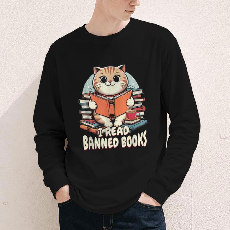 I Read Banned Books Shirt Cat Lover Bookworm Reader Men Women Kids Youth Long Sleeve Tee