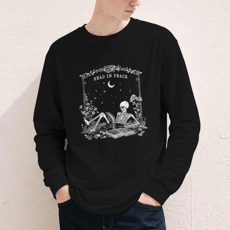 Read In Peace Skeleton Reading Book Halloween Bookish Youth Long Sleeve Tee