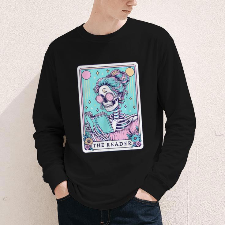The Reader Retro Reading Skeleton Books Flowers Tarot Card Youth Long Sleeve Tee