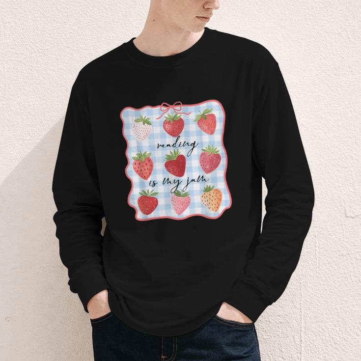 Reading Is My Jam Preppy Stawberry Bookworm Book Lover Nerd Youth Long Sleeve Tee