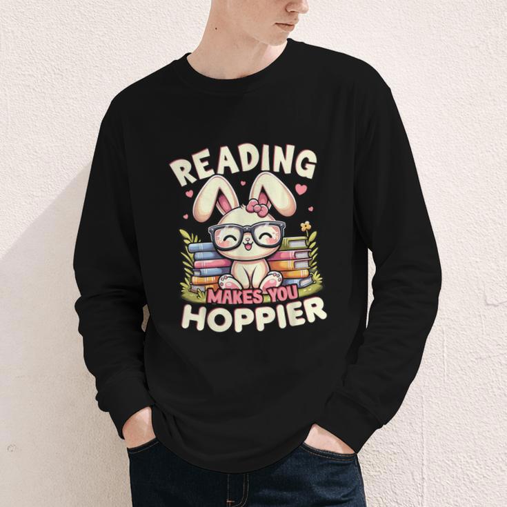 Reading Makes You Hoppier Bunny Book Fans Toddler Kid Youth Long Sleeve Tee