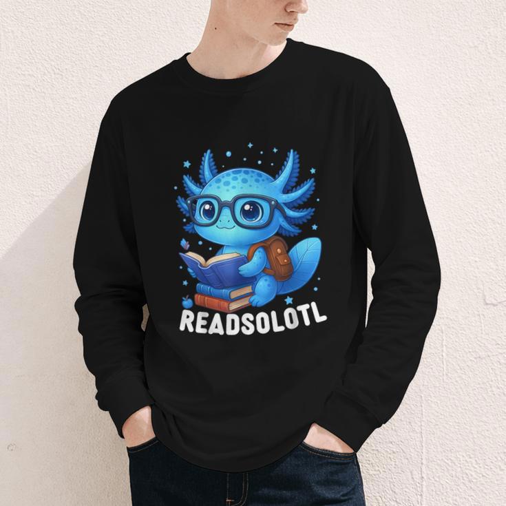 Readsolotl Blue Kawaii Axolotl Book Lover Reading Youth Long Sleeve Tee