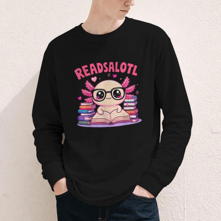 Readsolotl Pink Kawaii Axolotl Book Lover Reading Youth Long Sleeve Tee