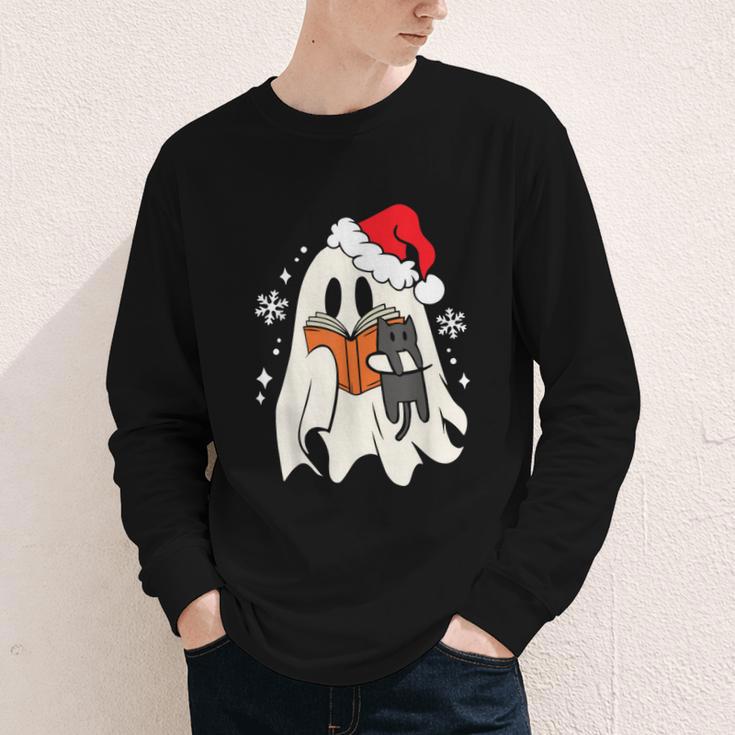 Retro Ghost Reading Book With Cat Bookish Club Christmas Men Women Kids Youth Long Sleeve Tee