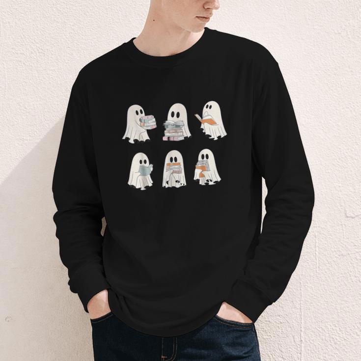 Retro Ghost Reading Books Halloween Bookish Ghost Bookworm Youth Long Sleeve Tee