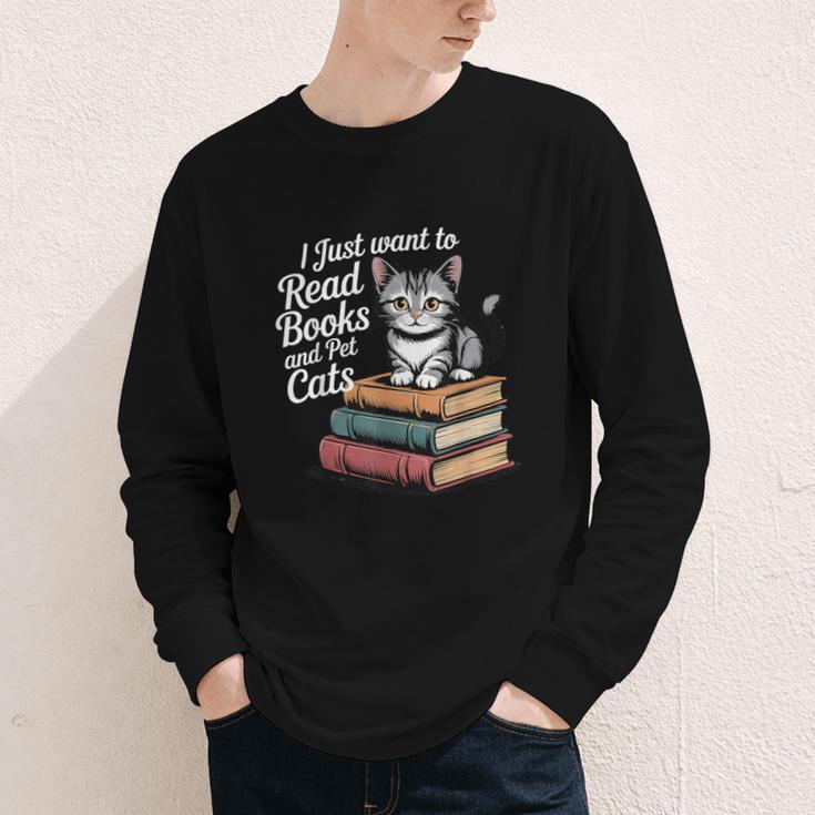 Retro I Just Want To Read Books And Pet Cats Cat For Men Women Kids Youth Long Sleeve Tee