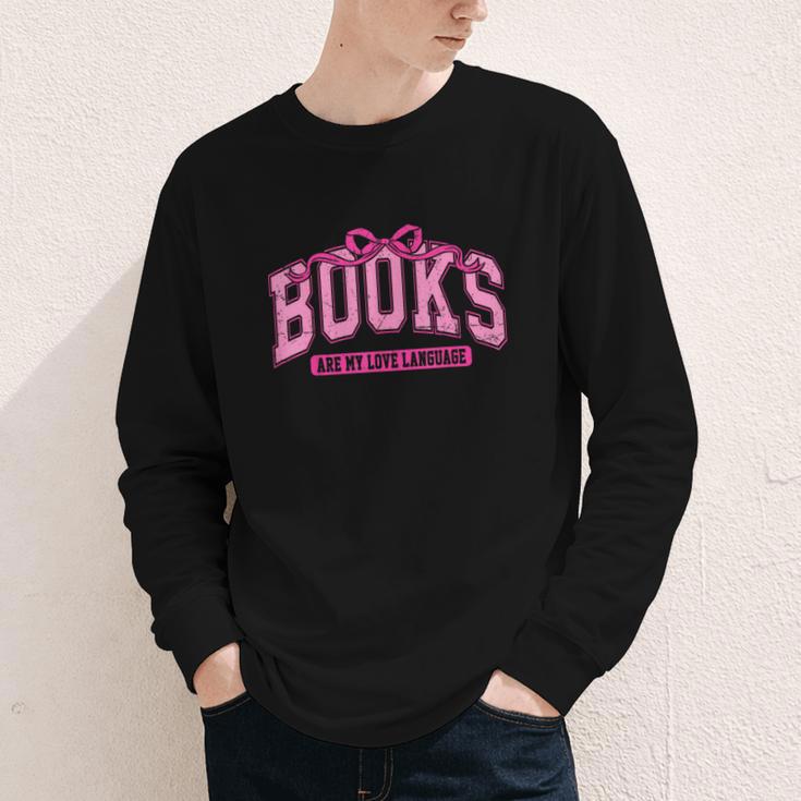 Retro Pink Coquette Bow Valentine Book Lover Varsity Youth Long Sleeve Tee