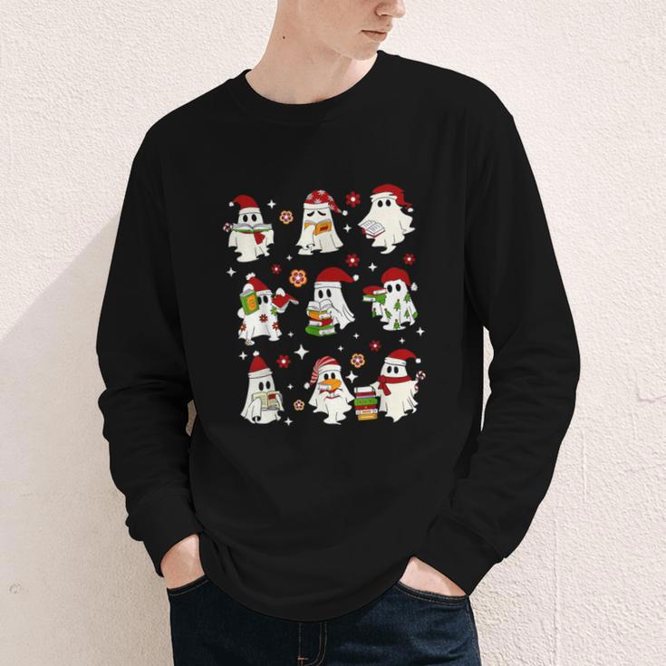 Santa Ghost Reading Books Christmas Library Teacher Youth Long Sleeve Tee