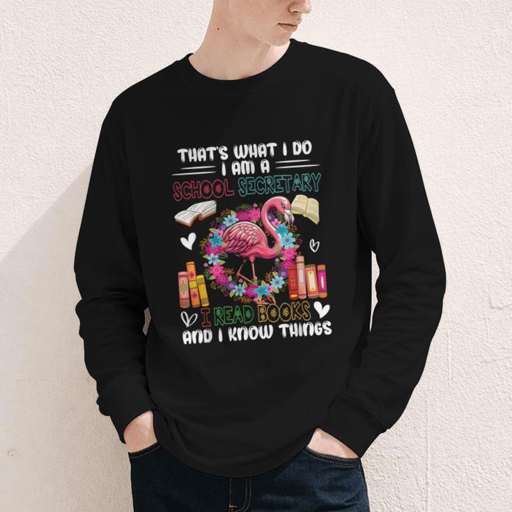 School Secretary Read Books And Know Things Flowers Flamingo Youth Long Sleeve Tee