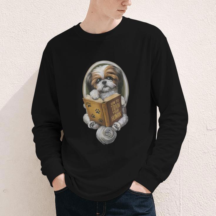 Shih Tzu Book How To Train Your Human Funny Dog Motif Youth Long Sleeve Tee