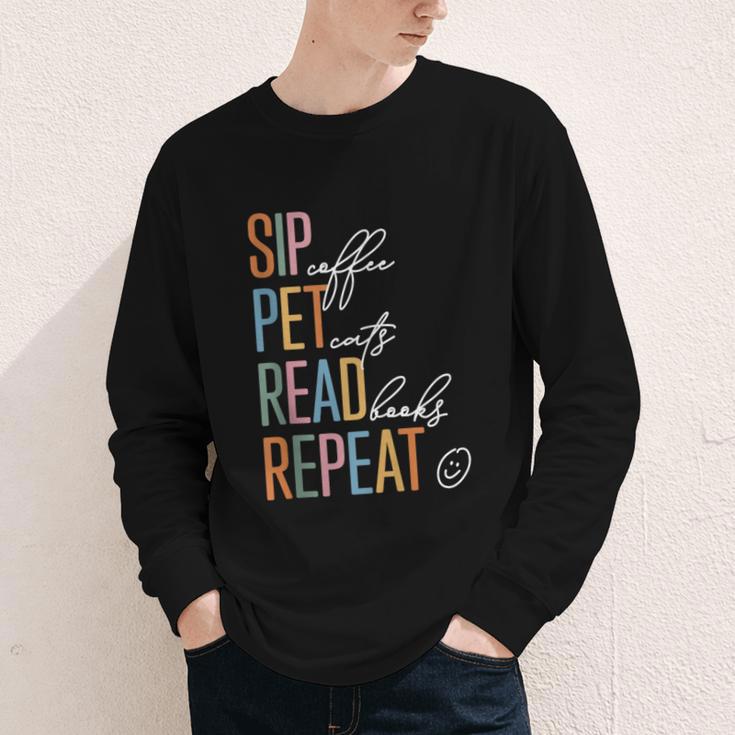 Sip Coffee Pet Cats Read Books Repeat Book Cat Lover Youth Long Sleeve Tee