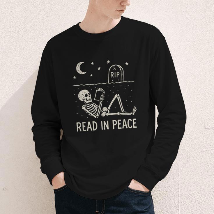 Skeleton Read In Peace Halloween Book Graphic Bookish Youth Long Sleeve Tee