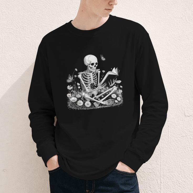 Skeleton Reading Book Floral Dark For Book Lovers Youth Long Sleeve Tee