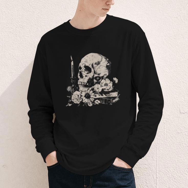 Skull Books Flowers Goth Reader Grunge Dark Alt Aesthetic Youth Long Sleeve Tee
