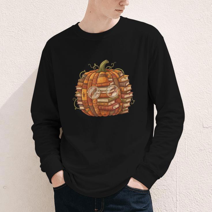 Smart Book Pumpkin Retro Fall Teacher Reading Halloween Youth Long Sleeve Tee