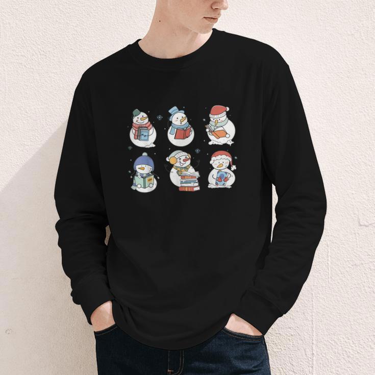 Snowman Reading Book Santa Christmas Bookish Teacher Youth Long Sleeve Tee