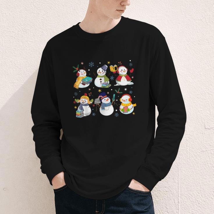 Snowman Reading Books Teacher Christmas Librarian Bookworm Youth Long Sleeve Tee