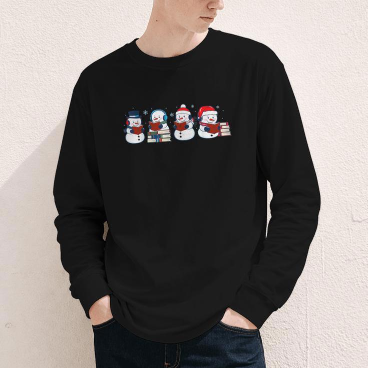 Snowman Reading Books Teacher Librarian Bookworm Christmas Youth Long Sleeve Tee