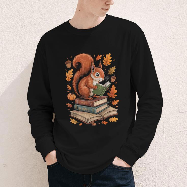 Squirrel Reading Book Lovers Fall Leaves Library Books Youth Long Sleeve Tee