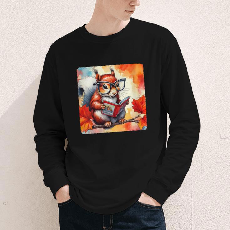 Squirrel Reading Comic Book On Autumn Branch Glasses Leaves Youth Long Sleeve Tee