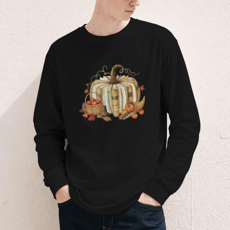 Teacher Book Pumpkin Fall Reading Thanksgiving Autumn Youth Long Sleeve Tee