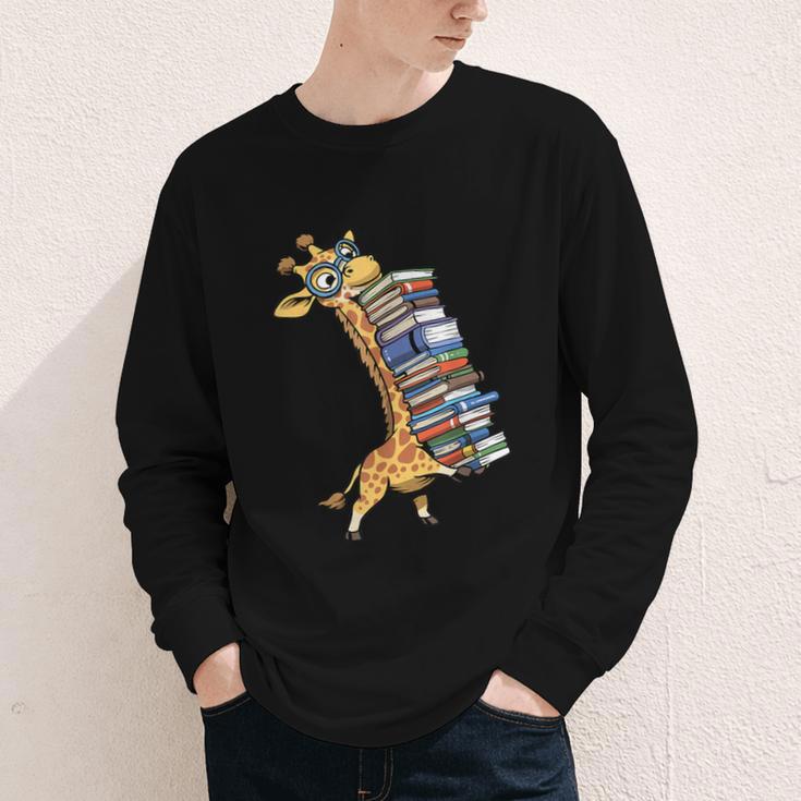 Teacher Shirt Giraffe Holding Books Bookworm Librarian Youth Long Sleeve Tee
