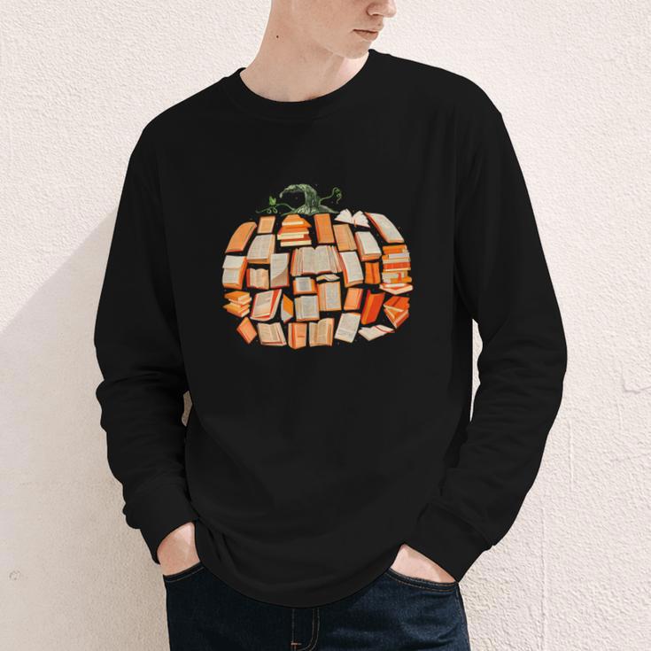 Thanksgiving Fall Books Pumpkins Vintage Library Teacher Kid Youth Long Sleeve Tee