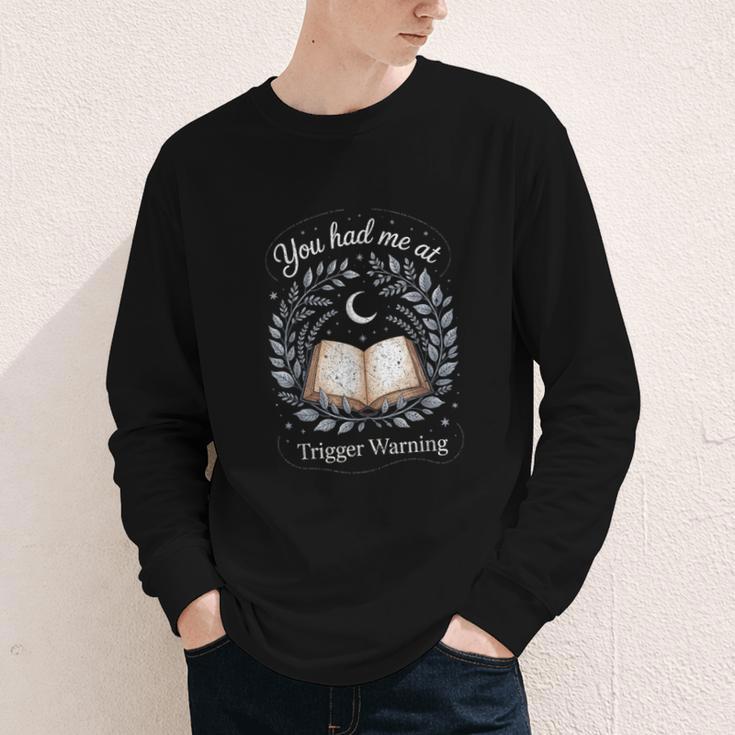 You Had Me At Trigger Warning Dark Romance Skeleton Book Youth Long Sleeve Tee