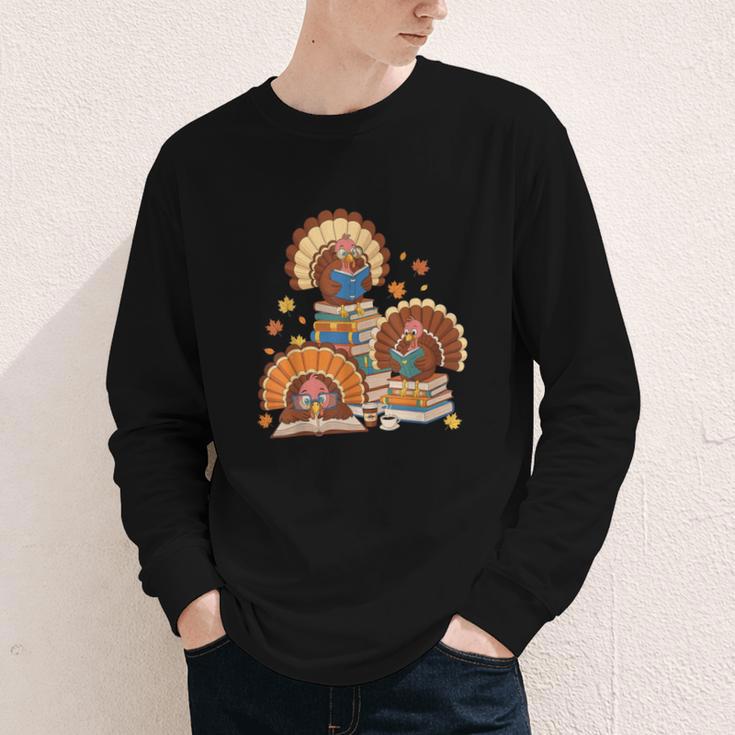 Turkey Read Books Reading Fall Thanksgiving Teacher Youth Long Sleeve Tee