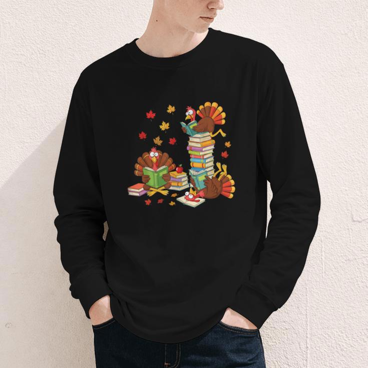 Turkey Reading Books Fall Librarian Book Lover Teacher Kids Youth Long Sleeve Tee