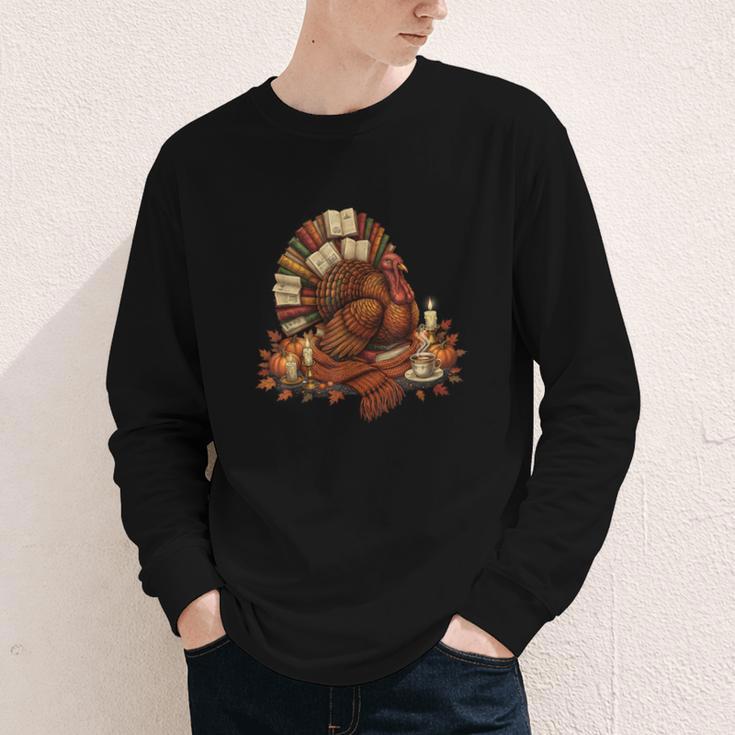 Turkey Reading Books Fall Season Thanksgiving Teacher Book Youth Long Sleeve Tee