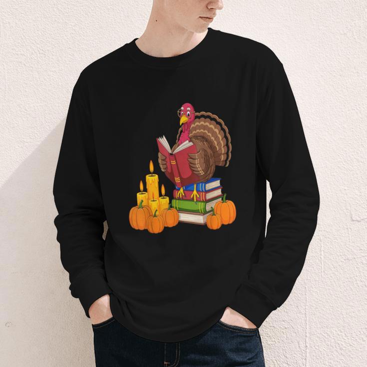 Turkey Reading Books Fall Thanksgiving Teacher Book Youth Long Sleeve Tee