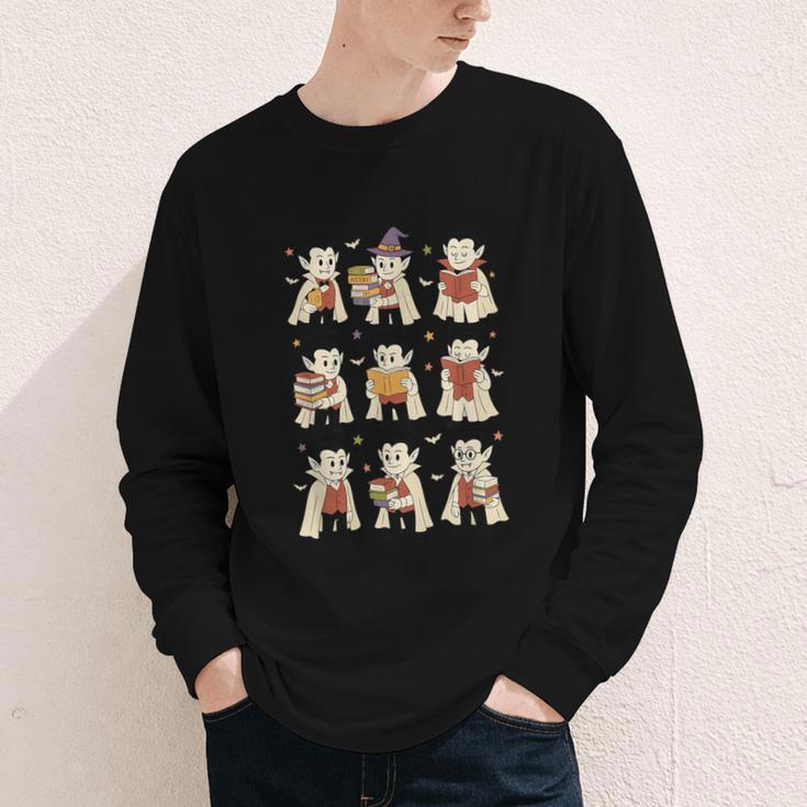 Vampire Reading Books Halloween Cute Teens Kids Youth Long Sleeve Tee