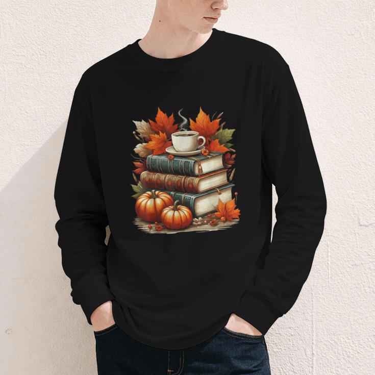 Vintage Autumn Books Coffee Pumpkin Fall Reading Youth Long Sleeve Tee