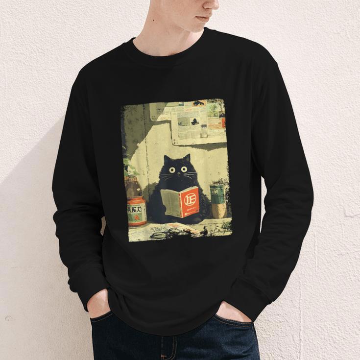 Vintage Japanese Cat Book Lovers Librarian Cat Dad Teacher Youth Long Sleeve Tee