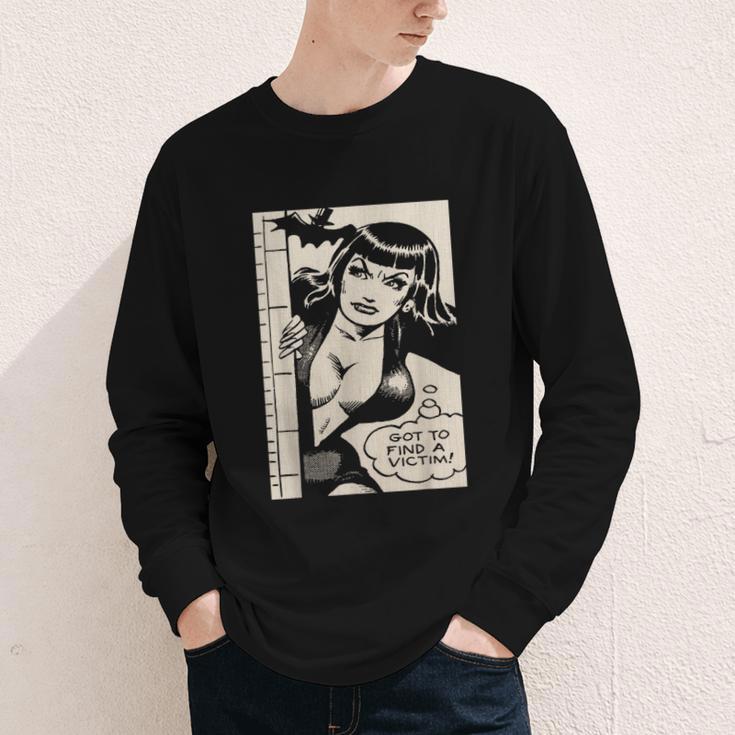 Vintage Vampire Bat Vampire Pin Up Girl Horror Comic Book Youth Long Sleeve Tee