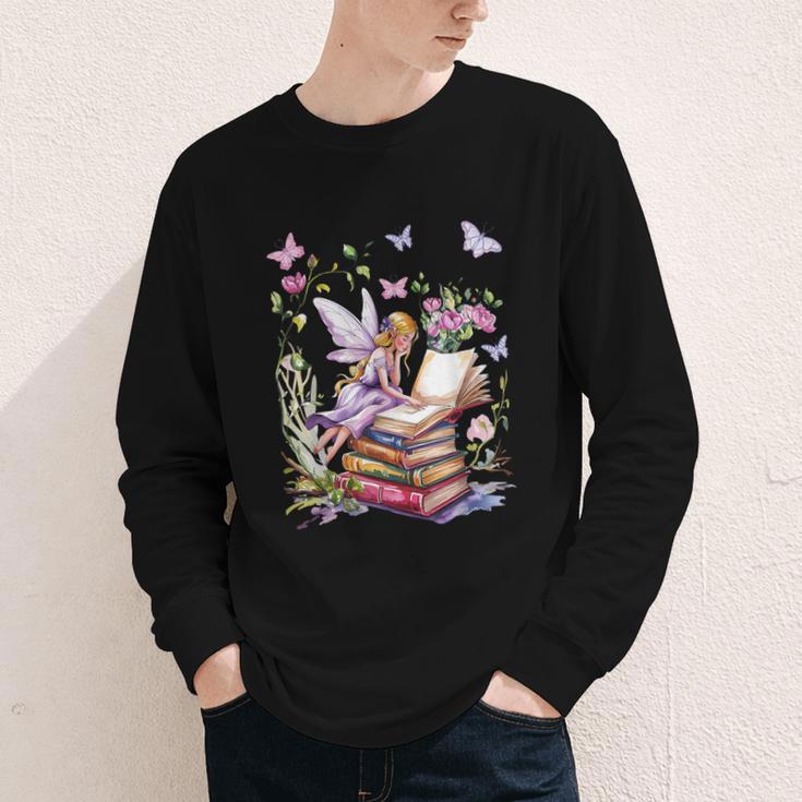 Watercolor Butterfly Fairy Read Book Library Fantasy Novel Youth Long Sleeve Tee