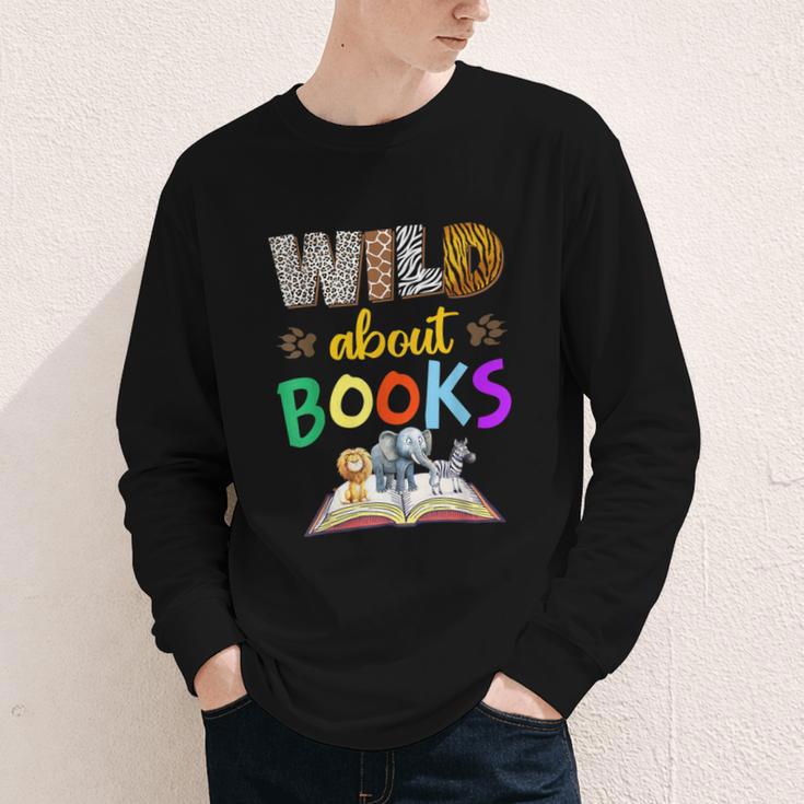 Wild About Reading Books Reader Bookworm Animals Book Lover Youth Long Sleeve Tee