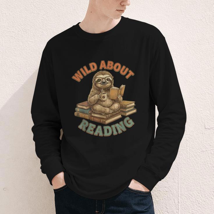 Wild About Reading Sloth Coffee Teacher Book Lover Youth Long Sleeve Tee