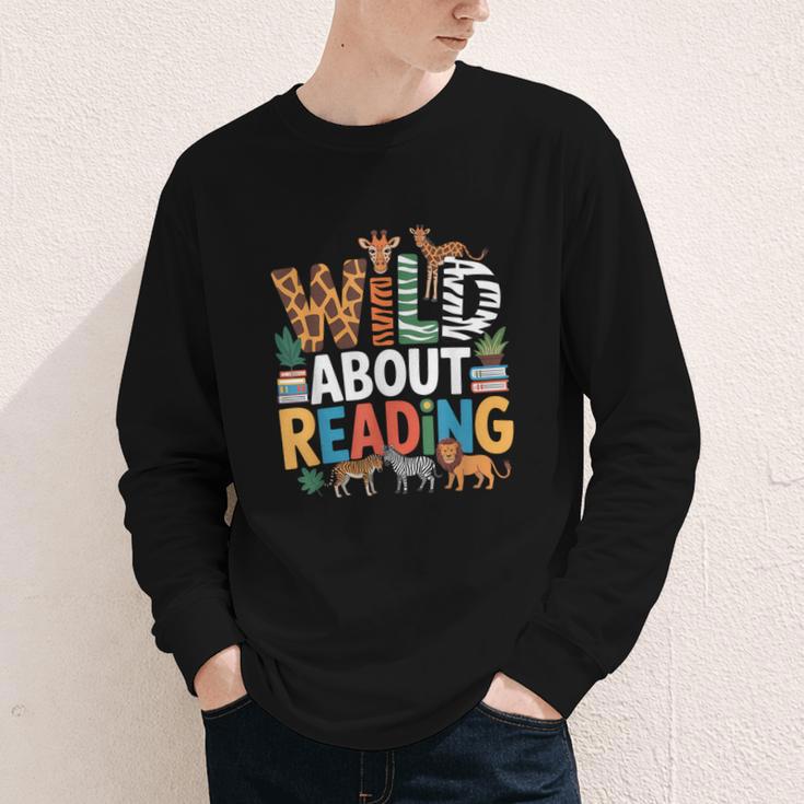 Wild About Reading Zoo Animals Books Reader Lover Youth Long Sleeve Tee
