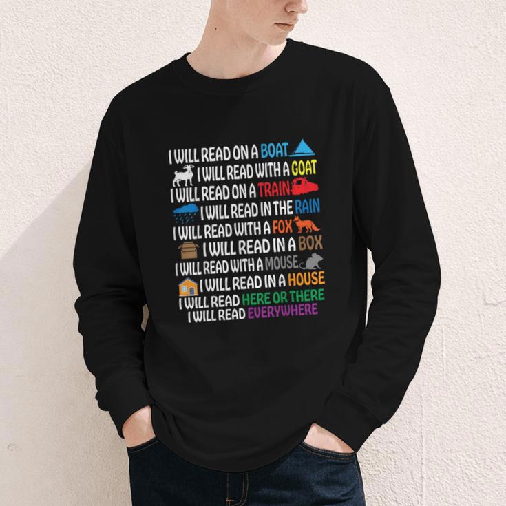 I Will Read Books On A Boat & Everywhere Reading Kids Book Youth Long Sleeve Tee