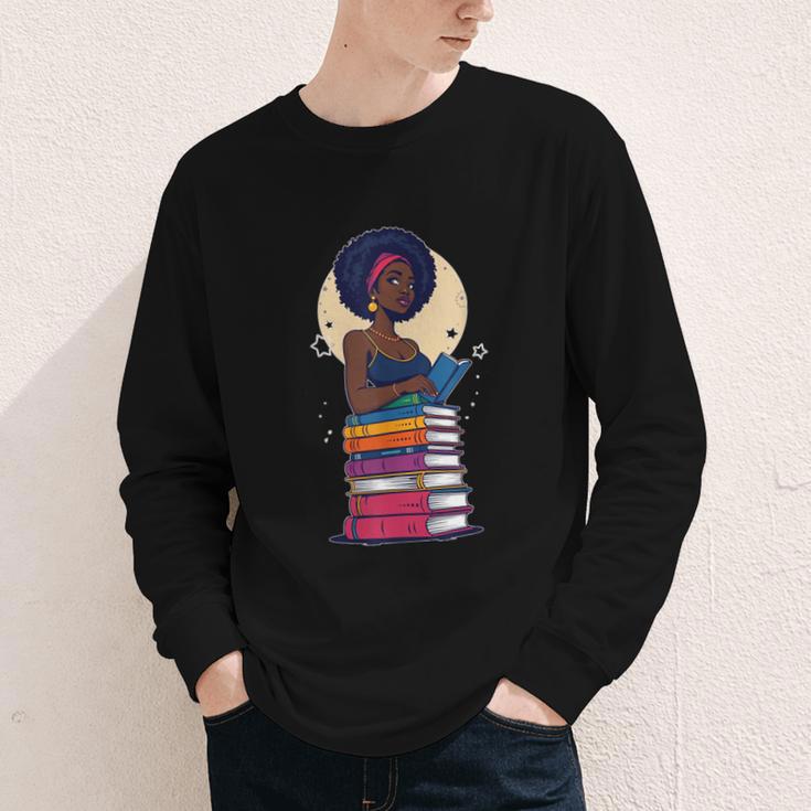 Woman And Books Stack Afro Girl Reading Lover Youth Long Sleeve Tee Woman And Books Stack Afro Girl Reading Lover Youth Long Sleeve Tee