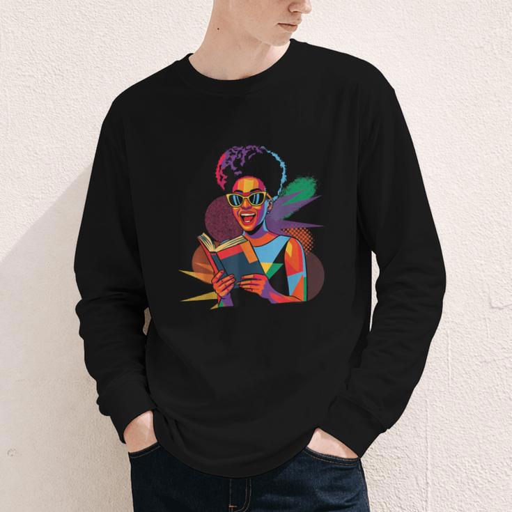 Woman Reading Book Lover Geometric Girl Afro History Youth Long Sleeve Tee