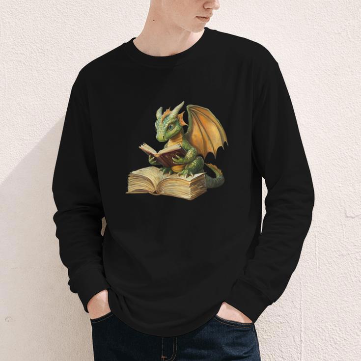 Women's Dragon Bookworm Reading Book Graphic Youth Long Sleeve Tee