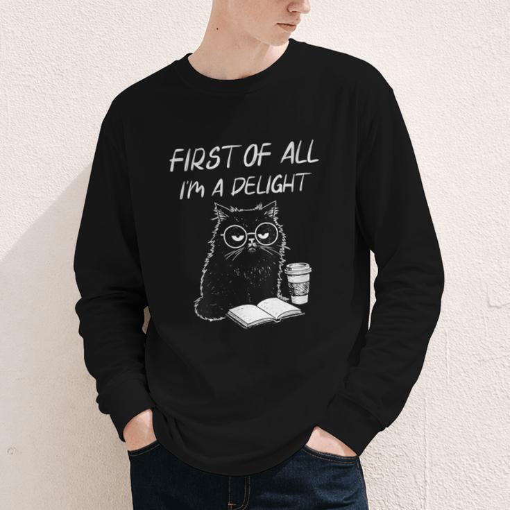 Women's First Of All I’m A Delight Cute Cat Books Coffee Humor Youth Long Sleeve Tee