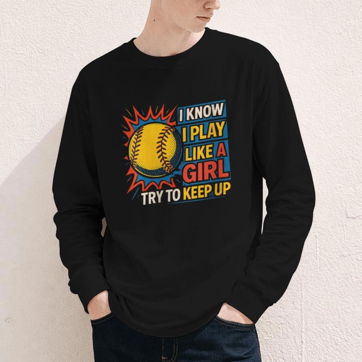 Women's Girls Softball Play Like A Girl Comic Book Pop Art Youth Long Sleeve Tee