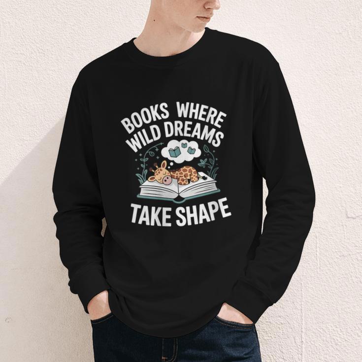 Women's Wild Dreams Reading Giraffe Book Reader Zoo Animals Kids Youth Long Sleeve Tee